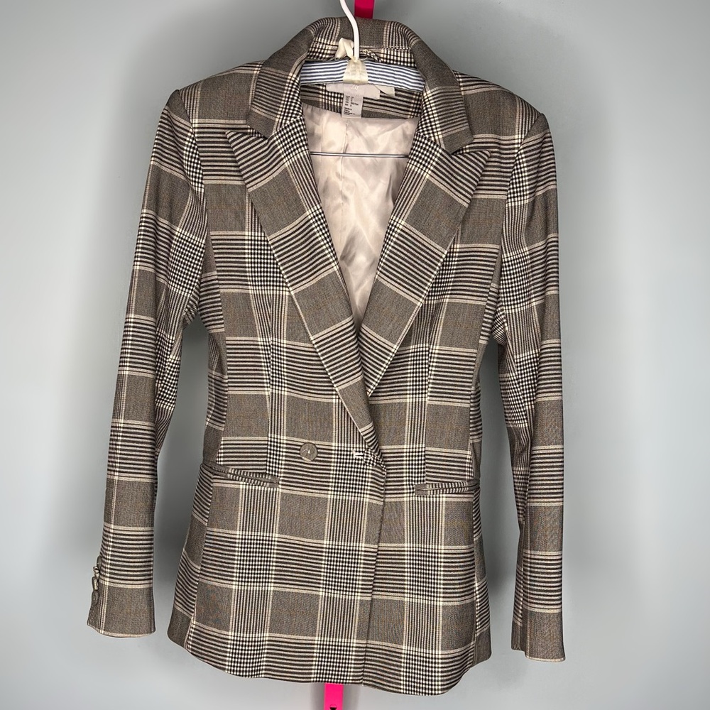 H&M Plaid Double-Breasted Blazer Brown Check Size 0 (EU 32)